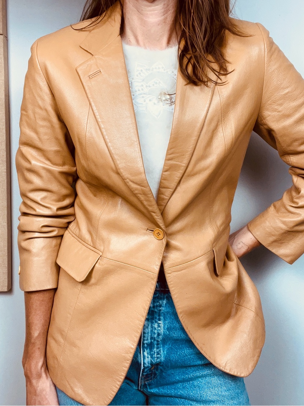 Vintage 90s DKNY Leather Blazer – Camel Tan – Size M